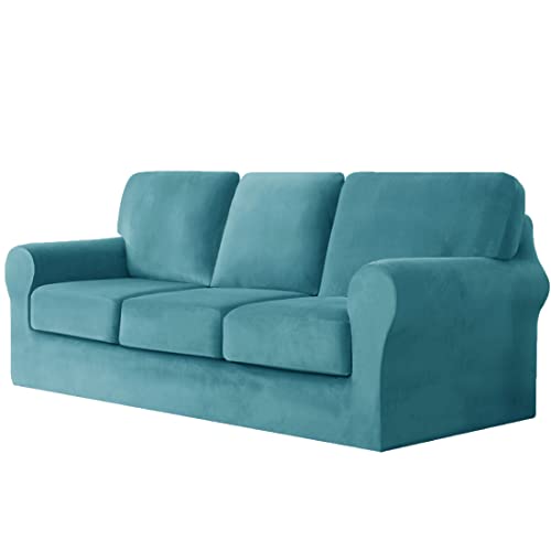 vctops 7 Pieces Velvet Stretch Sofa Cover for 3 Seater Couch Soft Washable Sofa Slipcover with Individual Backrest and Cushion Covers for Kids Cats Dogs (Teal,3 Seat)