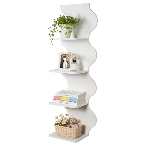 SUMGAR Shelves for Wall White Shelving Unit Wall Mounted Floating Shelf 120cm Tall Storage Organiser Display Decor Collectibles Bag for Bedroom Living Room Office 4 Tier Unit With Wavy Edge