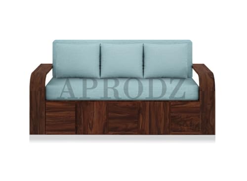 Image of APRODZ Sheesham Wood Sofa Cum Bed, 3 Seater, Walnut Finish, Blue Upholstery (75 x69 x30 Inch)