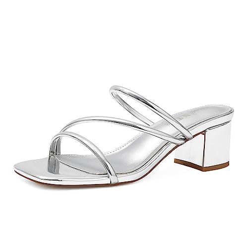 Image of Shoe'N Tale Strappy Heels For Women Low Chunky Block Heel Heeled Sandals Square Open Toe Slip On Slides Mules