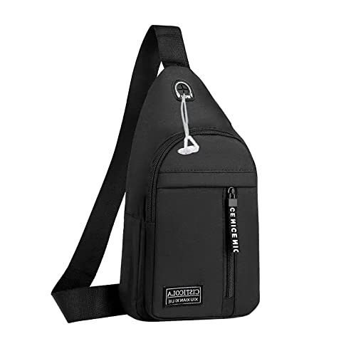 FuninCrea Bolsa de Pecho Hombre, Mochila de Pecho Sling Bag Impermeable de Oxford con Tirantes Ajustables, Monocapa Bolsillo Ligero en Pecho con Orificio para Auriculares para Viajes (Negro)