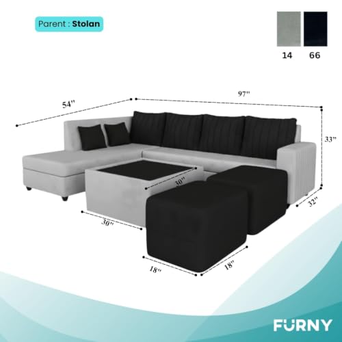 Image of CASASTYLE Stylano 8 Seater Fabric LHS L Shape Sofa Set with 1 Centre Table & 2 Ottoman (Black-Light Grey) 8-Person Seating with Premium Velvet Fabric Sofa