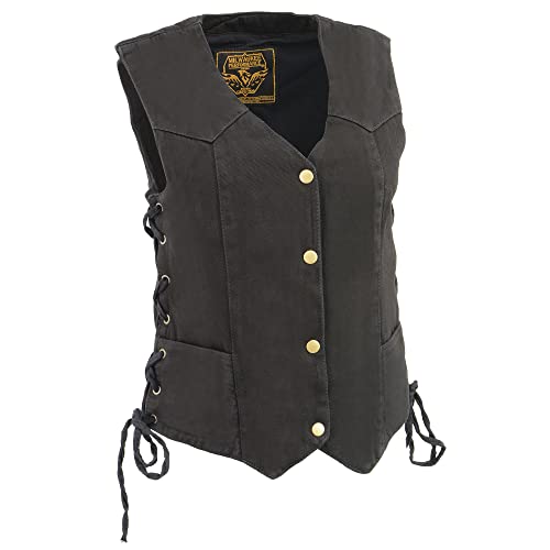 Ladies Side Lace 3 Snap Front Denim Vest (BLACK, L)