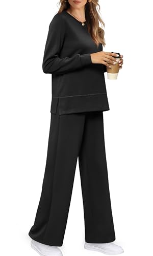 WIHOLL Women's 2 Piece Lounge Sets Sweatshirt Casual Travel Outfits Fashion Wide Leg Tracksuit Cozy Sweatsuits3