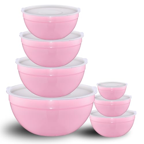 LKTDYMEG Pink Mixing Bowls with Lids Set of 7 Stainless Steel Nesting Bowl with Khaki Lid for Non-slip Mixing Prepping Storing Serving 7 Sizes-7/3.6/2.7/2.1/1.5/1/0.8 QT