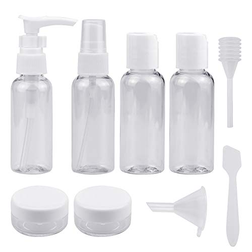 WEKON 9pcs Vide Bouteille de Voyage, 50ml Flacon Vide de Voyage, Transparent Toilette Flacon Voyage pour Cosmétiques Shampooing Gel Douche Crèmes avec Pipette et Entonnoir Cover