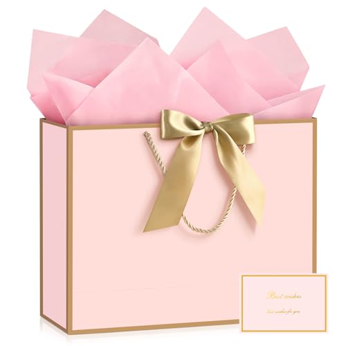 Image of JMANNI Pink Gift Bags with Handles, 14.6 inch Large Gift Bags with Tissue Paper | 1 Pcs Pink Gold Bags, 2 Tissue Paper and 1 Cards, for Baby Shower, Wedding Bridal Shower, Birthday Party