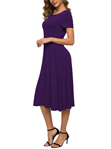 Image of EXCHIC Women's Casual Round Neck Short Sleeve Midi Dress Solid Stretchy Waist Knee Long Dress