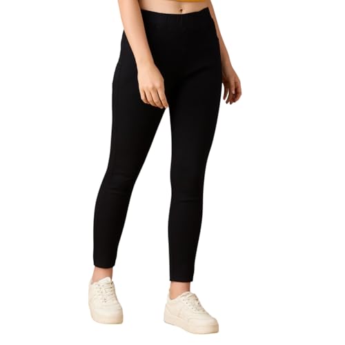 Image of 4FLIES Women's High Waist Jeggings | Super Combed Slim Fit Ankle-Length Pants with Elastic Waistband | Comfortable Denim Look Leggings for Casual, Travel & Office Wear