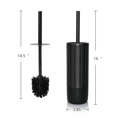 Image of Matte Black Ribbed Design Resin Toilet Bowl Holder and Brush Set, Durable Bathroom Cleaning Tool with Ergonomic Handle and Efficient Bristles, Stylish and Compact Design