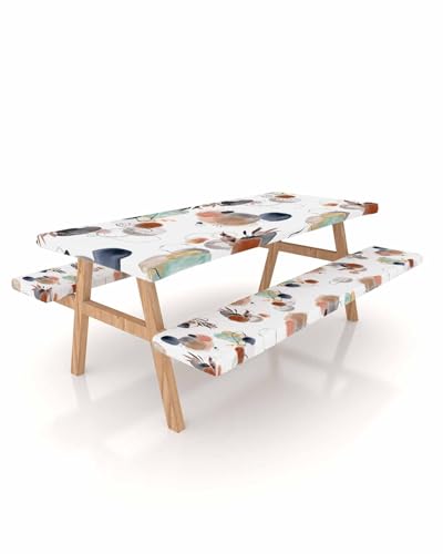 ARTSHOWING Picnic Table Cover with Bench Covers Elastic Bohemian Tablecloth for 6 FT Table Waterproof Boho Abstract Watercolor White Table Cover 72 Inch 3 Pcs Camping Essentials for Outdoor