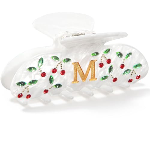 Image of CHLINS Initial Cherry Hair Clips for Women Girls - Cute Glitter Monogram Claw Clips with Rhinestone Cherry Print Hair Accessories, Ideal Birthday Bridesmaid Gifts for Teens Girls, Letter M