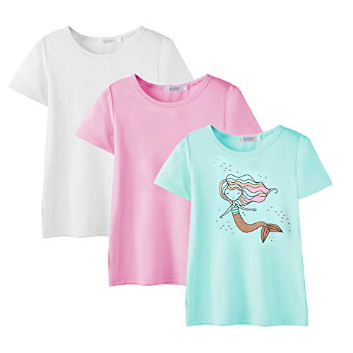 Arshiner Toddler Girls' 3-Pack Solid/Graphic Short-Sleeve Tee Shirts for 6-7 Years