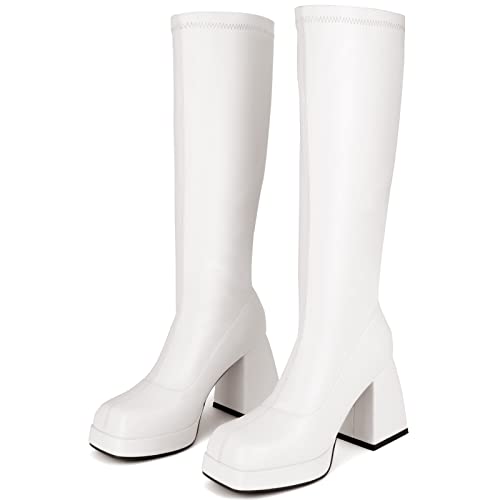 STALOV Platform Gogo Boots for women Knee High Square Toe Tall Boots Block Chunky Heel Stretchy Leather Long Boots 5