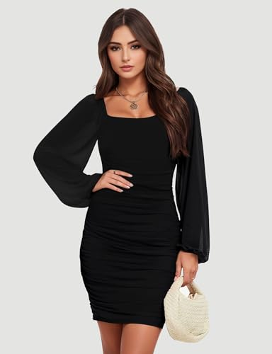 Bauty Women's Mesh Long Sleeve Square Neck Ruched Party Club Cocktail Bodycon Short Tight Mini Dress Sexy Banquet Dress4