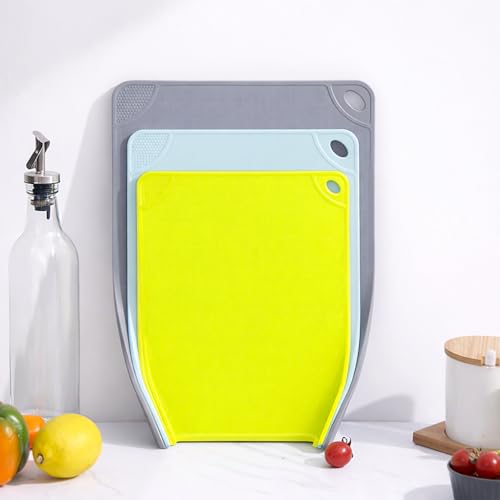 Image of Yelona Plastic Chopping Board Set of 3 with Curved Pour Edges | Food Grade, BPA-Free, Cutting Boards | Anti-Slip Durable Kitchen Boards for Vegetables & Fruits - Multicolour