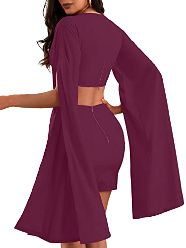 LYANER Women's 2 Piece Outfits Cloak Long Sleeve Crop Top and Ruched Mini Skirt Set2