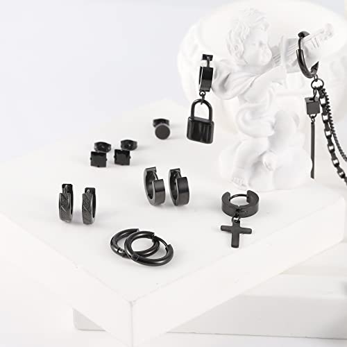 Conjunto de brincos masculinos pretos cirúrgicos de aço inoxidável, hipoalergênicos, unissex, 46 peç