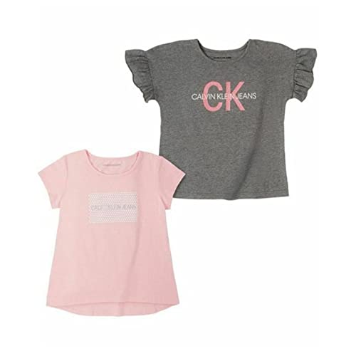 Image of Calvin Klein Girls' 2 Pack Short Sleeve Graphic Logo Tees, Med Grey HTR /Candy Pink, Medium (8 /10)
