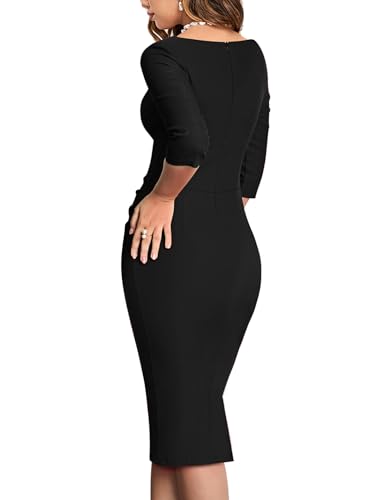 MUXXN Women's Vintage950s Scoop Neck Midi 3/4 Sleeve Pencil Bodycon Business Wear to Work Casual Dress2