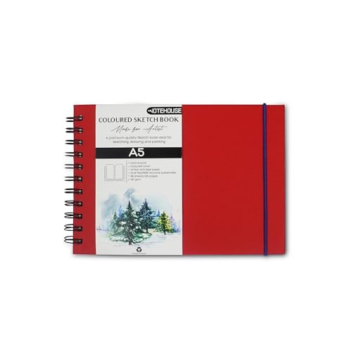 Image of NOTEHOUSE A5 Landscape Spiral Sketchbook (14x21 cm) | 96 Unruled White Thick Pages | Professional Drawing Notebook | Red Hard Cover Art Book for Artists & Students