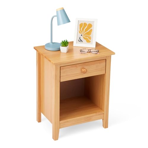 Amazon Basics Bedside Table, 1 Drawer and Storage Shelf, Solid Pine Wood Nightstand, Bedroom Cabinet, Oak, 47.5 x 35 x 60 cm