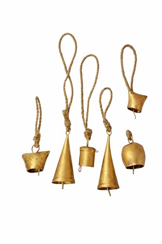 Image of Rustic Brass Hanging Bells Pack of 6 | Vintage Mini Bells with Rope for Home Decor, Diwali Pooja, Wall Art, Christmas & Craft Use