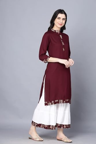 Image of Women Rayon Straight Golden Foil Printed Kurta with Palazzo || Kurti with Palazzo Set for Casual Party & Festival Wear in Round Neck with 3 /4 Sleeve for Girls