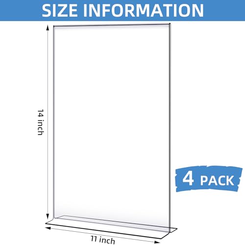 Image of Shellwei 4 Pcs 11 x 14'' Acrylic Sign Holder Clear Acrylic Picture Frame Vertical Table Top Frame with Stand Double Sided T Shape Flyer Holder for Paper Menu Photo Restaurant Office Home