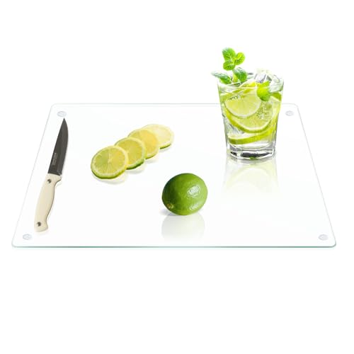 Yuzeyurun Planche à découper en verre - 40 x 30 cm - Grande planche à découper transparente en verre de sécurité trempé - Antidérapante, résistante à...