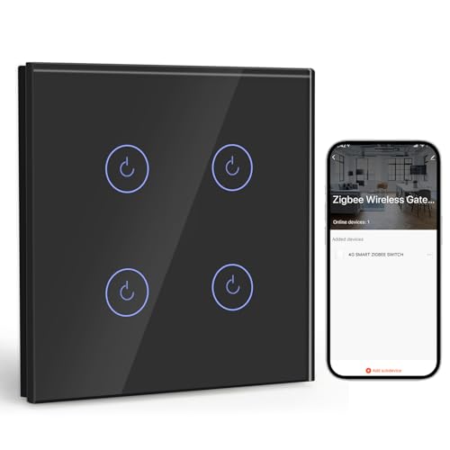 BSEED Smart ZigBee Interruttore 4 Gang 1 Via, Interruttore a Parete Intelligente con Alexa e Google Home, Interruttore da Incasso (Linea Neutra, Gateway Hub Necessario) Nero