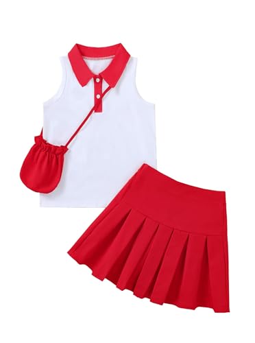 Image of Girls 2 Piece Outfit Preppy Strawberry Graphic Sleeveless Polo Shirt and Pleated Skirt Set with Crossbody Bag