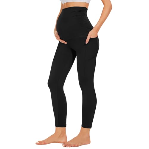 Leggings térmicos de maternidad con bolsillos sobre el vientre, para mujer, color negro, para entrenamiento, yoga, activo, pantalones de embarazo, Negro, L