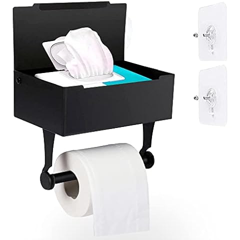 Toilet Roll Holder with Storage Box, TOUYINGER Black Toilet Paper Holder Stainless Steel Wall Mounted Self Adhesive Toilet Roll Stand with Shelf Box for Bathroom Kitchen Accessories Cover