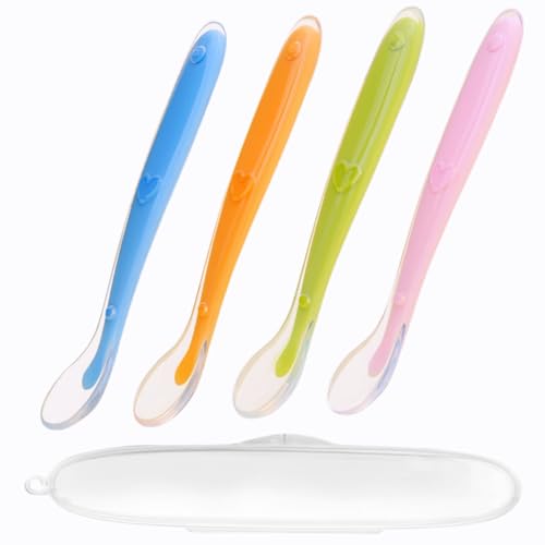 4 Stück Esslernlöffel Baby,Baby Lernlöffel, BPA-frei, Silikon-Löffel, mit 1 Aufbewahrungsbox (Seil)