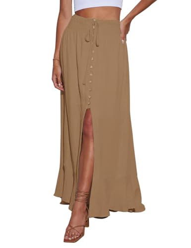 Image of Minclouse Women's Elastic Tie Waist Button Down Maxi Skirts Casual Loose Flowy Swing Slit Front Dress