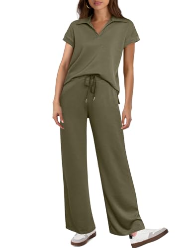 Glamaker Womens 2 Piece Loung Set Summer Two Piece Airport Matching Outfit Loose Cute Track Suit Trendy Fashion 2025(Army Green,Small)