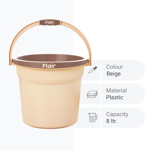 Image of FLAIR Estella 8L Set of 2 Plastic Bathroom Bucket, Beige | Durable Virgin Plastic Buckets with Easy-Grip Handle | Lightweight & Multipurpose for Mopping, Floor Cleaning, Kitchen and Daily Use