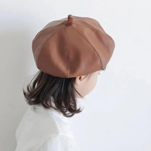 Queenbox Kid Cool PU Leather Beret, Octagonal Adjustable Beanie Cap for 2-9 Year Children, Brown4