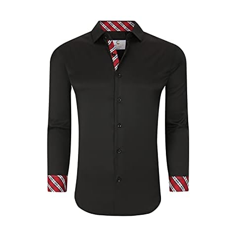 Suslo Couture Men's Wrinkle Free Perfomrace Stretch Solid Button Down, Black Red Plaid, 3X-Large Cover