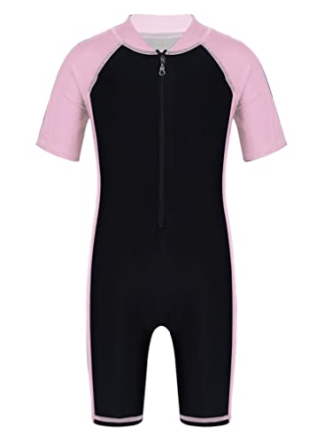 Doomiva Kinder Mädchen Jungen Badeanzug Einteiler Bademode Kurzarm UV-Schutz Schwimmanzug Badebekleidung Unisex Kinder Wassersport Surfanzug Rosa&Schwarz 170-176 Cover