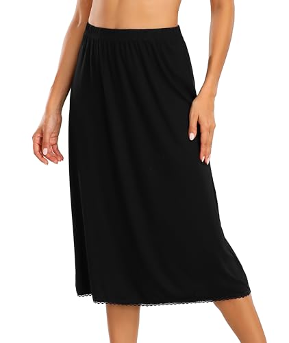 Vlazom Jupon Femme Longue Jupon sous Robe Antistatique en Dentelle Demi-Jupe Modal Lingerie sous-vêtements,Noir,XL