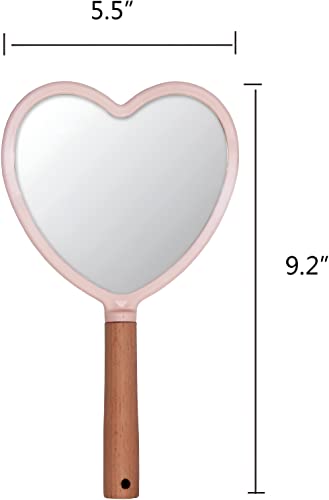 Image of Heart‑Shape Wood‑Handle Handheld Mirror - 25 x 13 cm Travel Makeup Mirror with Hanging Hole (Colour May Vary) (1, Heart)