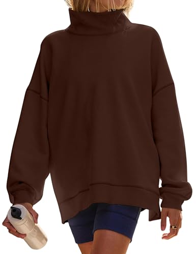 TERIVEEK Womens Mock Neck Sweatshirts Oversized Fleece Turtleneck Long Sleeve Loose Fit Drop Shoulder Pullover Tops Brown