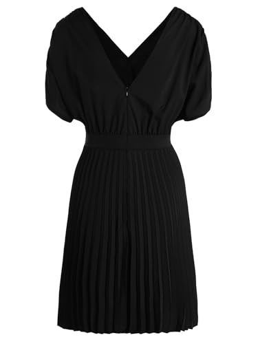 Women's V Neck Pleated Mini Dress Dolman Short Sleeve High Waisted A Line Work Dresses2