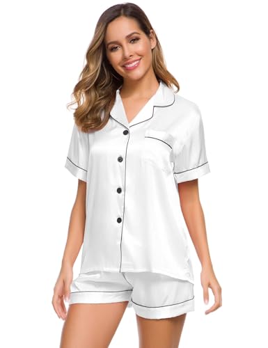 Image of SWOMOG Womens Silk Satin Pajamas Set Short Sleeve Sleepwear Button Down Top and Shorts Loungewear 2 Piece Pjs Set XS-3XL