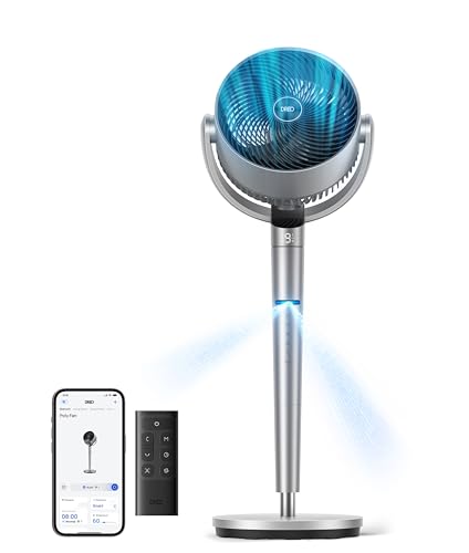 DREO Smart Fan for Bedroom, Position-based Oscillation, 150°+120° 3D Oscillating Fan, 110ft Pedestal Fans with Wi-Fi/Voice/Remote, Standing Fans Work with Alexa/Google, 9 Speeds, 6 Modes, 20dB, Silver