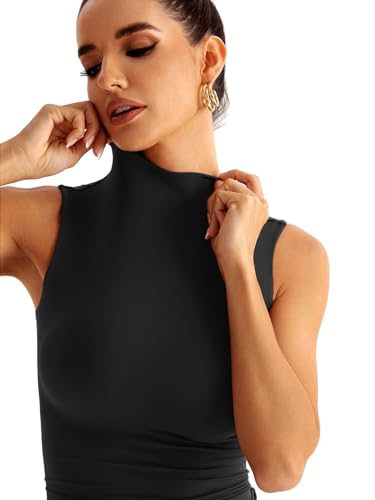 Women Sleeveless Mock Turtle Neck Tops Double Lined Fitted Tank Tops Basic T Shirts 20252