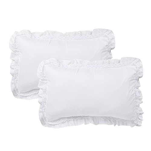 Homechoice Decor Ruffled Lace Pillow Shams, Accent Frilly Washed Shabby Chic Pillowcases with Handmade Lace Trim, Countryside Pillow Shams for Boudoir, Feminine, 2 Pack, Queen, Off-White (LQ-18)