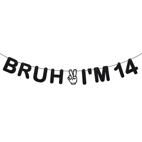 Bruh I’m 14 Banner, Voraufgezogene Schwarze Glitzer Frohen 14. Geburtstag Dekorationen Junge Geburtstagsfeier Zubehör für Hallo Vierzehn Party Dekor